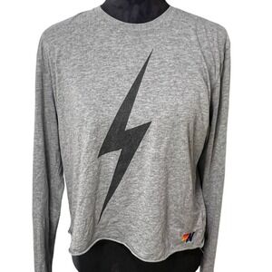 Aviator Nation Women's Long Sleeve Bolt Boyfriend Tee Gray Cropped  Size Med